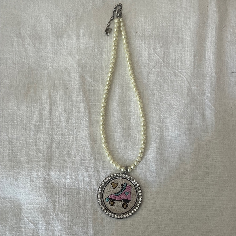 Tarina Tarantino Pearl Necklace with Pink Roller Skate Pendant from Tilt-a-Whirl